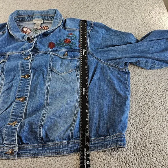sold Catherines Denim Jacket Womens 2X Blue Cropped Embroidered Floral Trucker - Picture 10 of 13